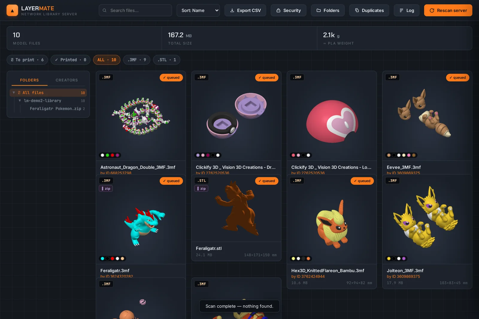 LayerMate's library view showing a grid of 3D print files with real rendered thumbnails